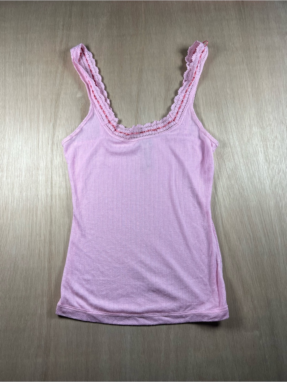 Free People Pink Ribbed Lace-Trim Camisole intimately line
